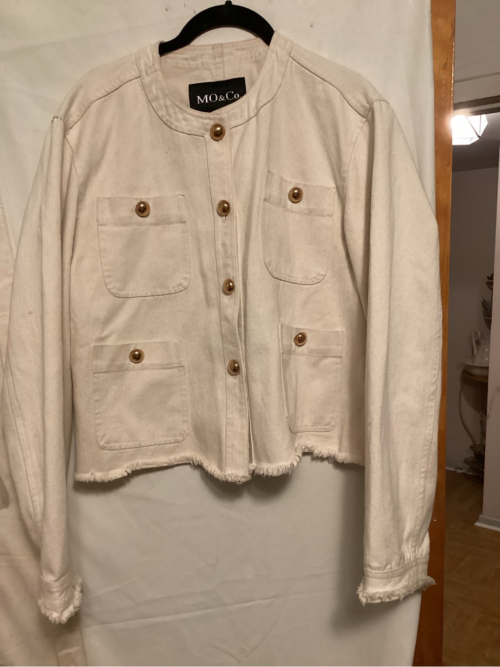 Mo & Co Short Cropped Frayed Hem Denim Jacket With Gold Large Button Sz S — image 3 of 8